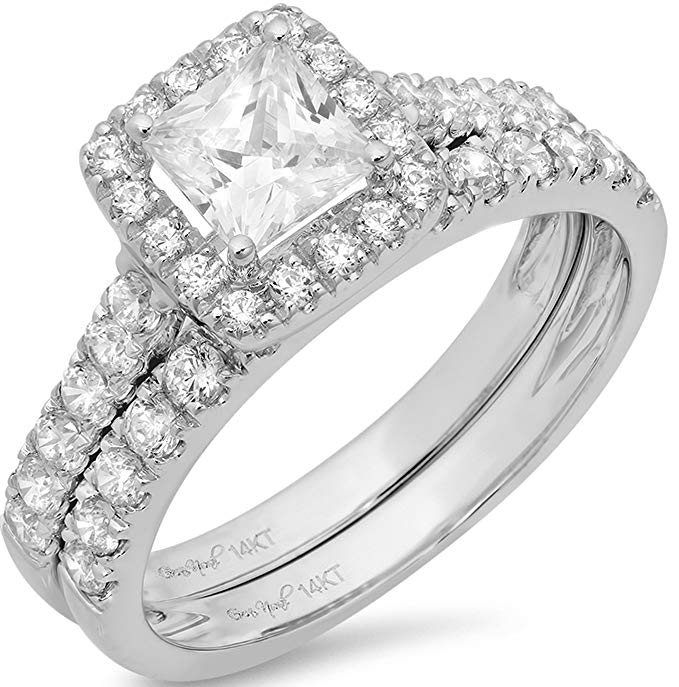 1.60 CT Princess Cut Simulated Diamond CZ Pave Halo Bridal Engagement Wedding Ring band set 14k White Gold