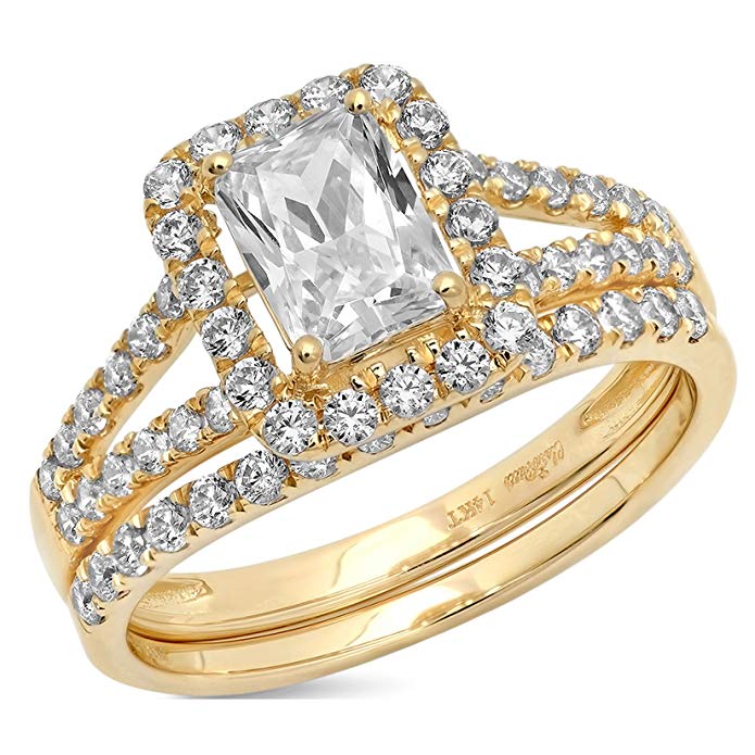 1.8 Ct Emerald Cut Pave Halo Engagement Wedding Bridal Anniversary Ring Band Set 14K Yellow Gold, Clara Pucci
