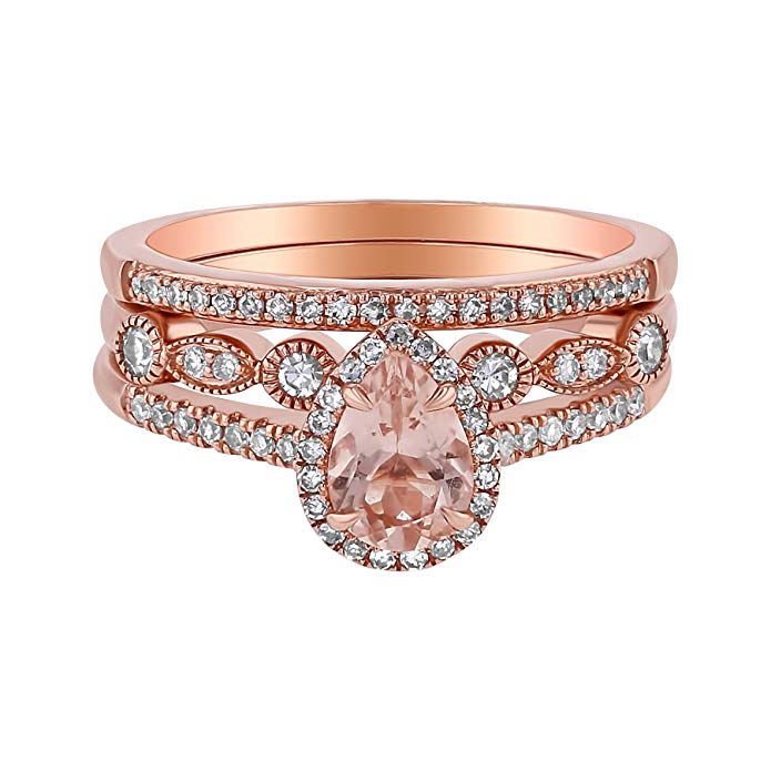 Olivia Paris 14K Rose Gold Pear Shape Morganite & Diamond Vintage Halo 3 Ring Set (1/3 ctw, H-I, I1)
