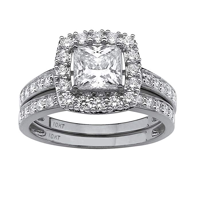 Princess-Cut White Cubic Zirconia 10k White Gold 2-Piece Halo Bridal Ring Set