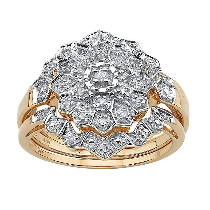 Solid 10K Gold Round Pave Diamond 3 Piece Pave Bridal Ring Set (.14 cttw, HI Color, I3 Clarity)