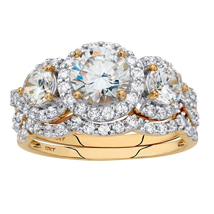 10K Yellow Gold Round Cubic Zirconia Halo Scalloped Bridal Ring Set