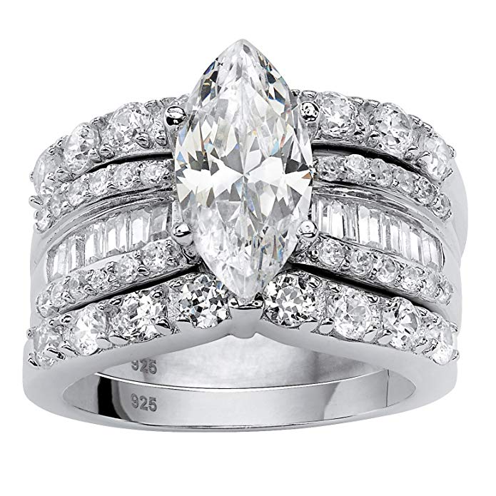 Marquise-Cut White Cubic Zirconia Platinum over .925 Silver 3-Piece Wide Band Bridal Ring Set