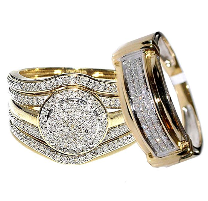 Rings-MidwestJewellery.com 4-Piece 10K Yellow Gold 0.66carats Diamonds 19mm Wide Halo Style His and Her Bridal Trio Rings Set (I-J Color, I2-I3 Clarity)