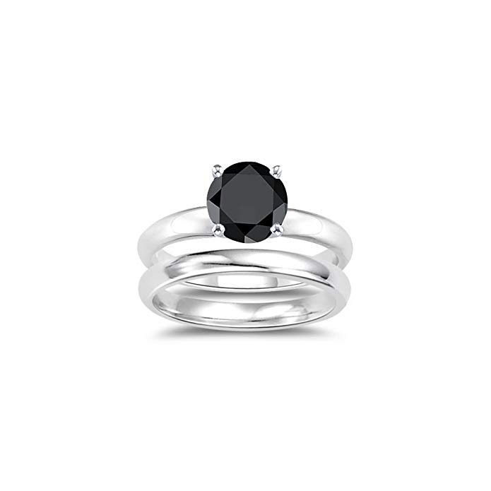 1.00 Ct Black Diamond Engagement and Plain Wedding (3mm comfort fit) Ring Set in Sterling Silver