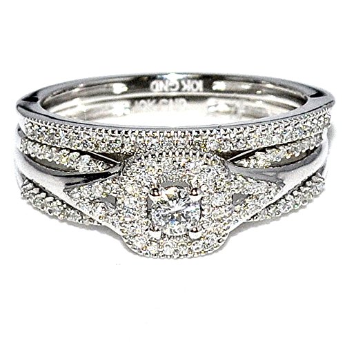 Midwest Jewellery 1/3cttw Bridal Rings Set Round Solitaire Center with Pave Sides 2 piece set 10K White Gold