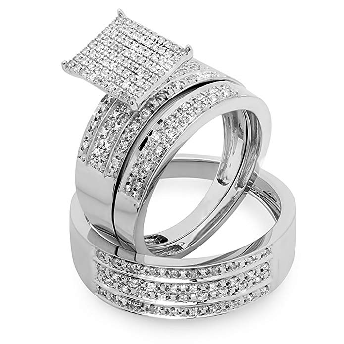 Dazzlingrock Collection 0.48 Carat (ctw) 14K White Gold Round White Diamond Men & Women's Engagement Ring Trio Bridal Set 1/2 CT