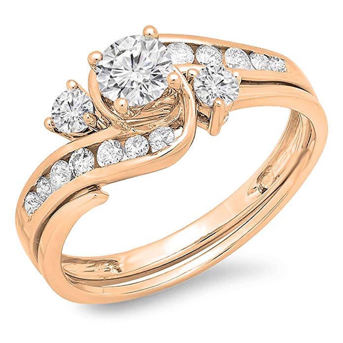 0.90 Carat (ctw) 14k Gold Round Diamond Ladies Swirl Bridal Engagement Ring Matching Band Set