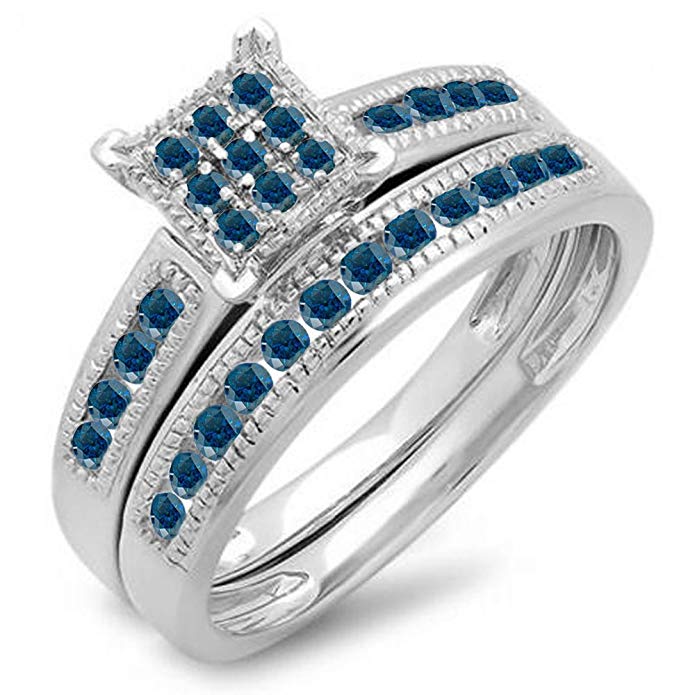 0.50 Carat (ctw) Sterling Silver Round Blue Diamond Ladies Engagement Bridal Ring Set 1/2 CT