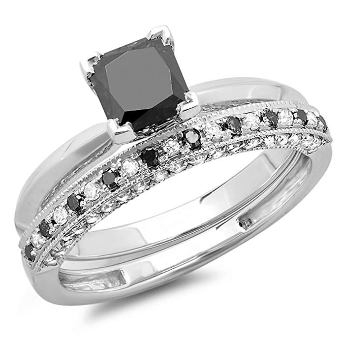1.50 Carat (ctw) 14K Gold Princess Cut Black & Round White Diamond Bridal Engagement Ring Set 1 1/2 CT
