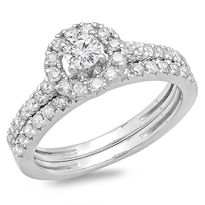 Dazzlingrock Collection 0.85 Carat (ctw) 14K Gold Round Cut Diamond Bridal Halo Style Engagement Ring With Matching Band Set