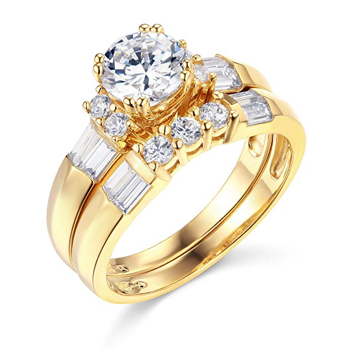 TWJC 14k Yellow OR White Gold SOLID Wedding Engagement Ring and Wedding Band 2 Piece Set