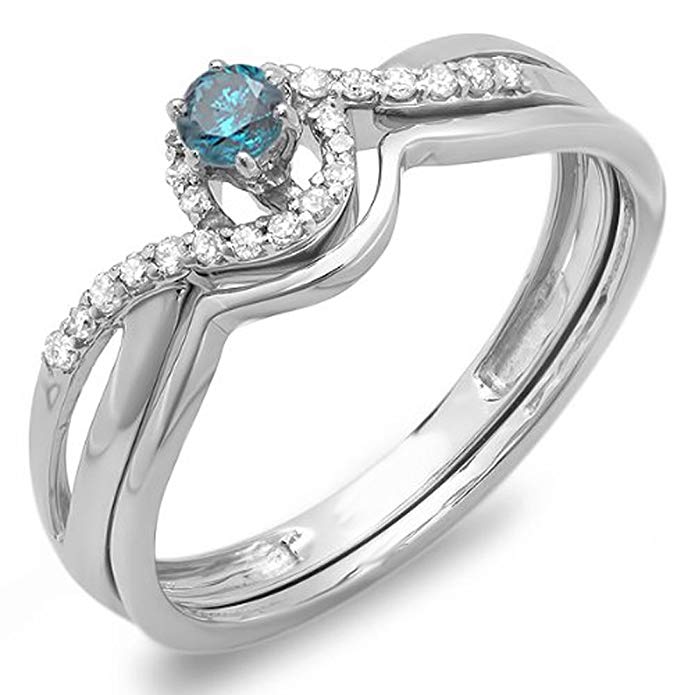 0.25 Carat (ctw) 10k White Gold Blue And White Diamond Swirl Crossover Bridal Engagement Ring Set 1/4 CT