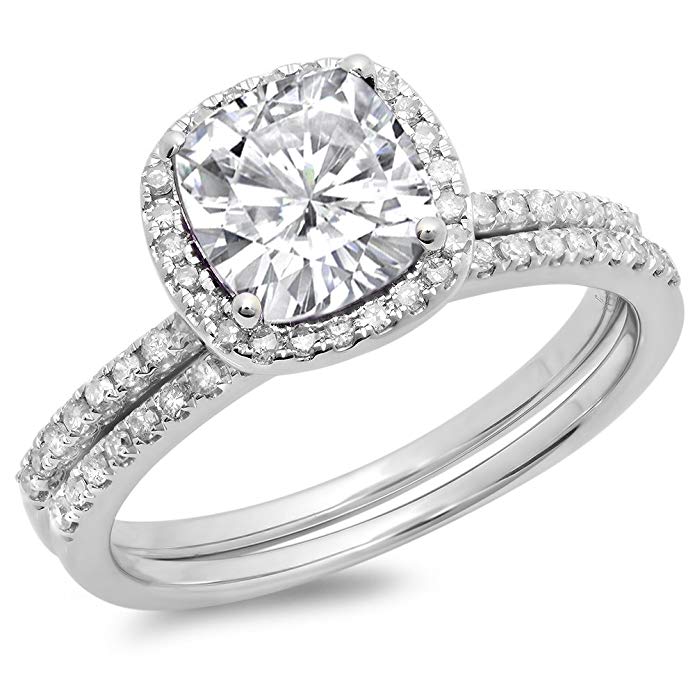 Dazzlingrock Collection 10K Gold Cushion Created White Sapphire & Round White Diamond Bridal Halo Engagement Ring Set