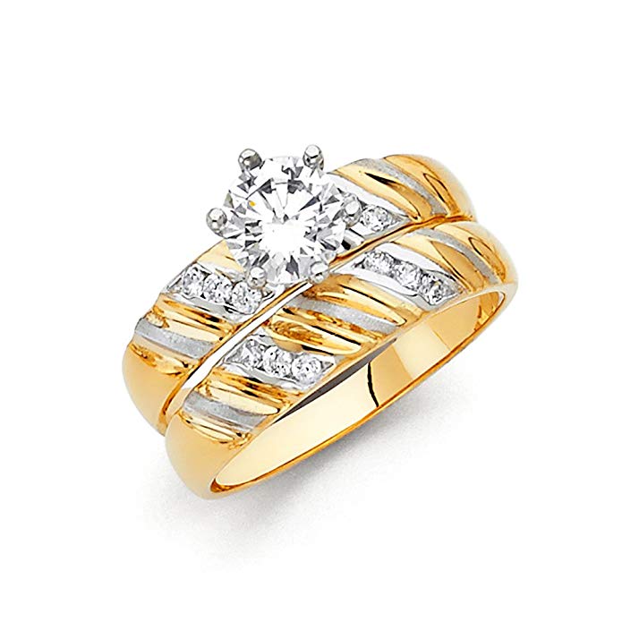 14k Two Tone Gold SOLID Engagement Ring and Wedding Band 2 Piece Set