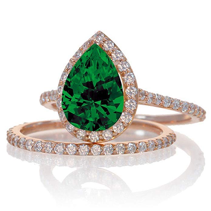 2 Carat Emerald and Diamond Halo Bridal Ring Set on 10k Rose Gold