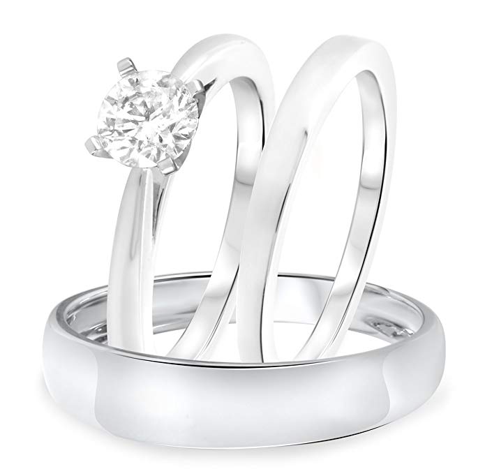Silvercz Jewels 1 1/7 Ct Round Cut D/VVS1 Diamond His & Her Wedding Trio Ring Set 14K White Gold Fn