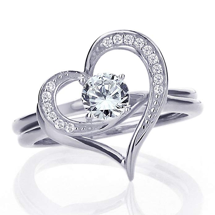 14K White Gold 0.5 Carat Round CZ 2 pc Interlocking Heart Wedding Engagement Bridal Ring Set (Size 5 to 9)