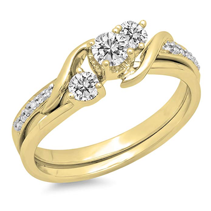Dazzlingrock Collection 0.50 Carat (ctw) 10K Gold Round Diamond Swirl Bridal 3 Stone Engagement Ring Matching Band Set 1/2 CT