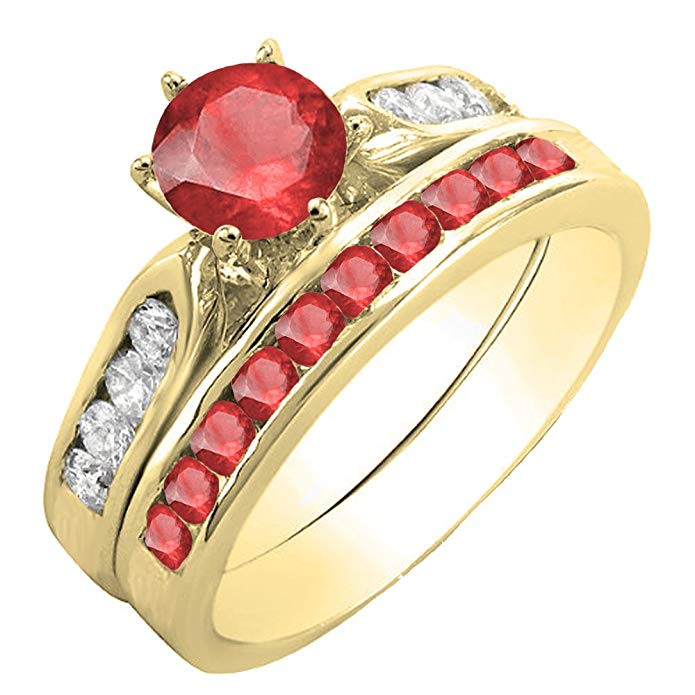 Dazzlingrock Collection 14K Gold Round Red Ruby & White Diamond Ladies Bridal Engagement Ring Set with Matching Band