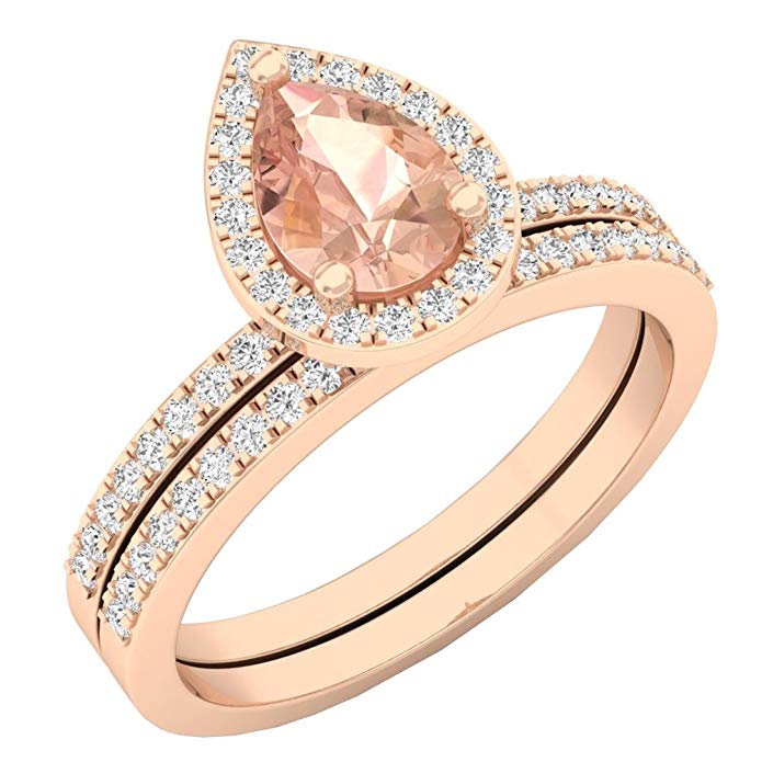 10K Rose Gold 7X5 MM Pear Gemstone & Round Diamond Ladies Bridal Engagement Ring Set