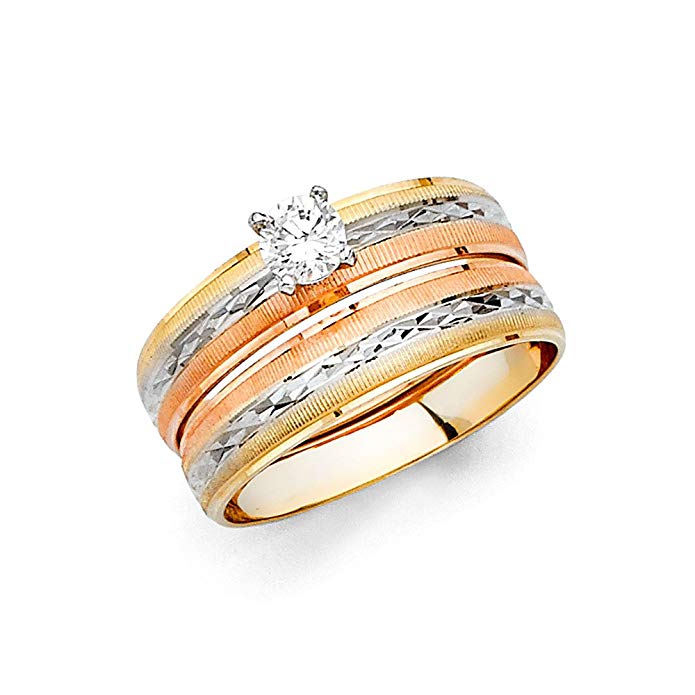 Ladies 14k Tri Color Gold Diamond Cut Engagement Ring and Wedding Band Bridal Set (Multiple Sizes Available)