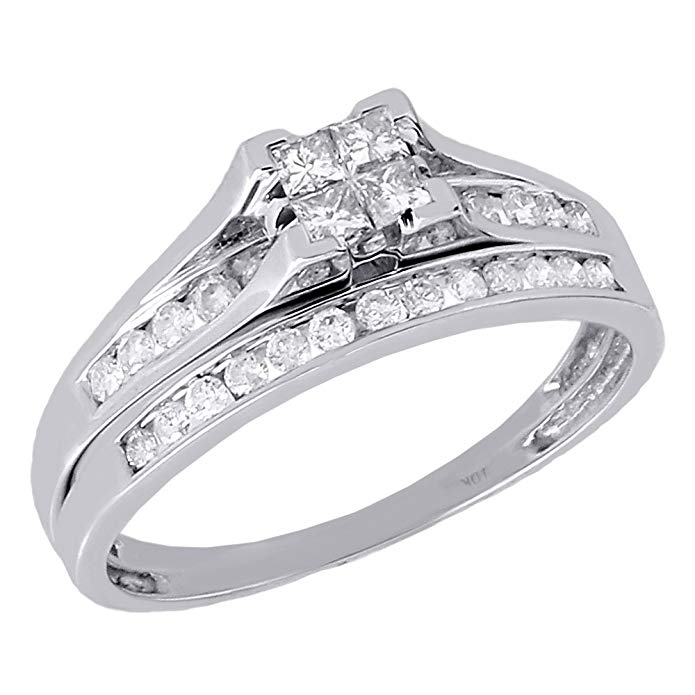10K White Gold Quad Princess Cut Diamond Engagement Ring Bridal Set 0.47 Cttw