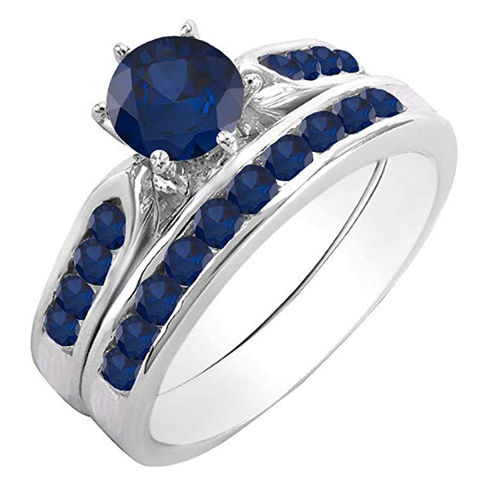 Dazzlingrock Collection 1.00 Carat (ctw) 14K Gold Round Blue Sapphire Ladies Bridal Engagement Ring Set With Matching Band 1 CT