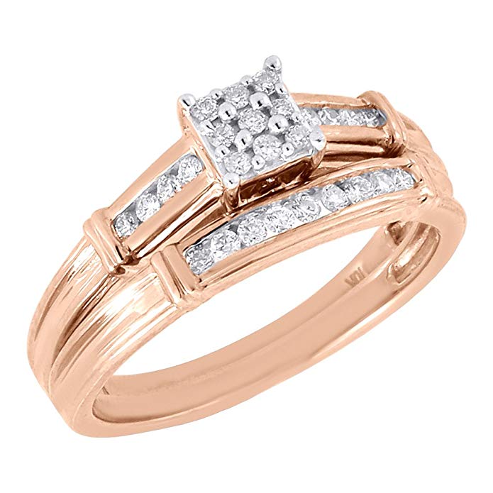 10K Rose Gold Round Cut Diamond Engagement Ring + Wedding Band Square Bridal Set 0.22 Cttw