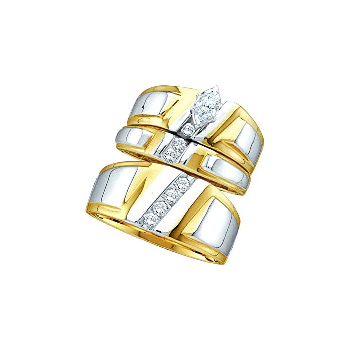 10kt Yellow Gold His & Hers Marquise Diamond Solitaire Matching Bridal Wedding Ring Band Set 1/4 Cttw