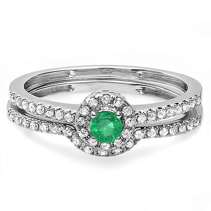 14k White Gold Round Emerald And White Diamond Ladies Halo Style Bridal Engagement Matching Band Set