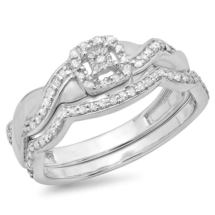 0.30 Carat (ctw) Sterling Silver Round Diamond Ladies Crossover Swirl Bridal Engagement Ring Set 1/3 CT