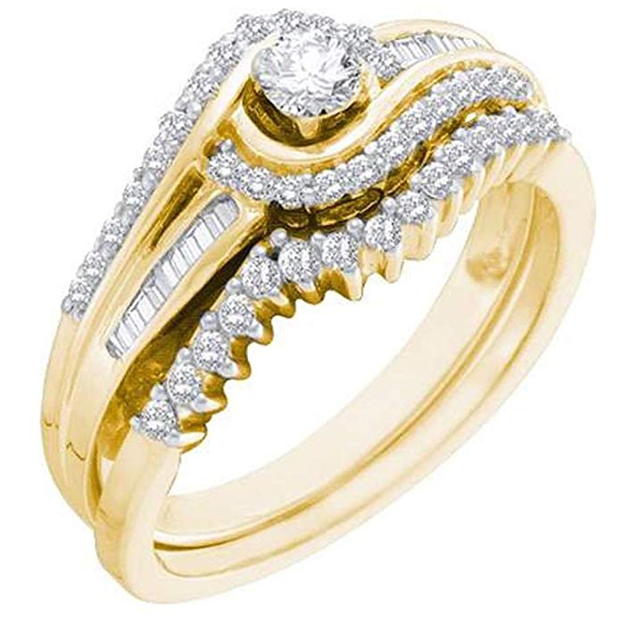 Dazzlingrock Collection 0.40 Carat (ctw) 14K Gold Round & Baguette White Diamond Ladies Swirl Engagement Ring Band Set