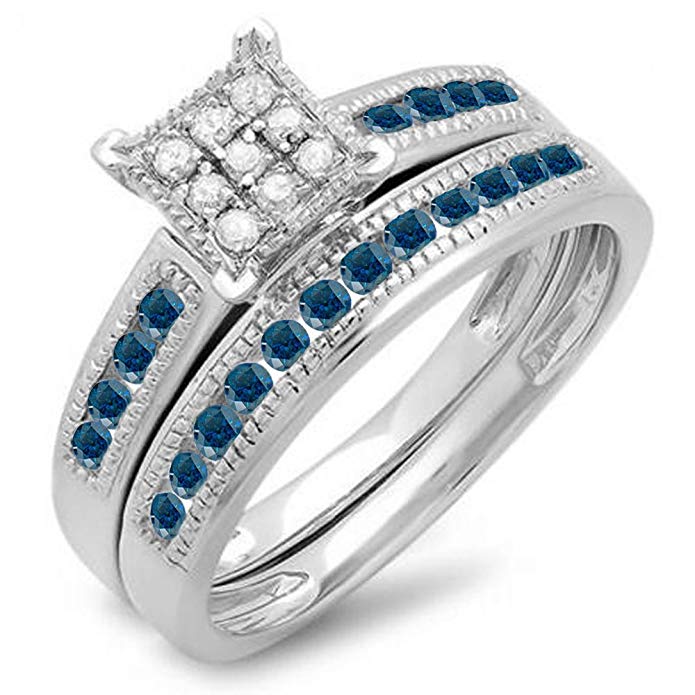 0.50 Carat (ctw) Sterling Silver Round Blue & White Diamond Ladies Engagement Bridal Ring Set 1/2 CT