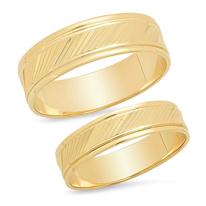 Sage Designs L.A. 14K Solid Yellow Gold His & Hers Matching Wedding Band Ring Set Slant Laser Cut (Choose a Size)