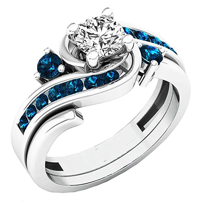 Dazzlingrock Collection 0.95 Carat (ctw) 14K Gold Round Blue and White Diamond Ladies Engagement Ring Set 1 CT
