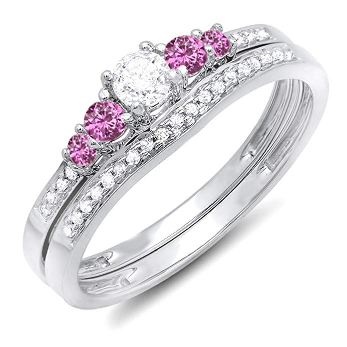 18K White Gold Round Pink Sapphire And White Diamond 5 Stone Bridal Engagement Ring Matching Band Set
