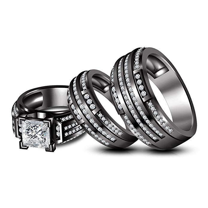 TVS-JEWELS Trio Set Princess & Round Cut CZ Engagement Band Ring Black Rhodium Plated Sterling Silver