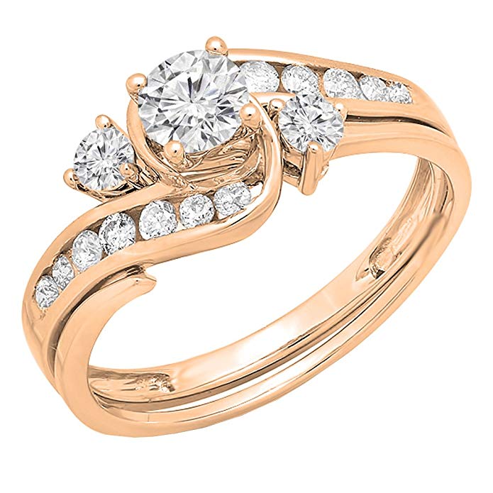 0.90 Carat (ctw) 14K Gold Round Diamond Swirl Bridal Engagement Ring With Matching Band Set 1 CT