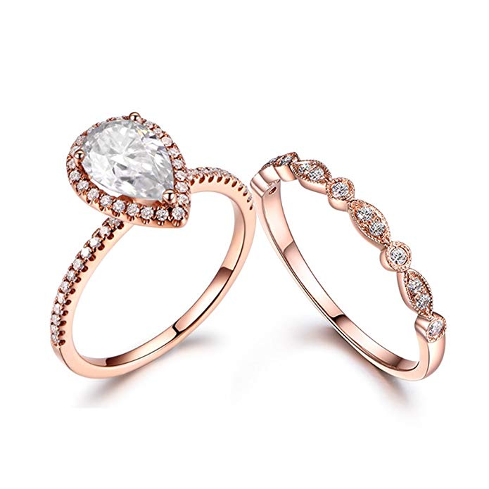 MYRAYGEM-wedding ring sets 2pcs 5x7mm Pear Cut Moissanite Halo Ball Prong Ring Set,14k Rose Gold Marquise Milgrain Deco Diamond Band