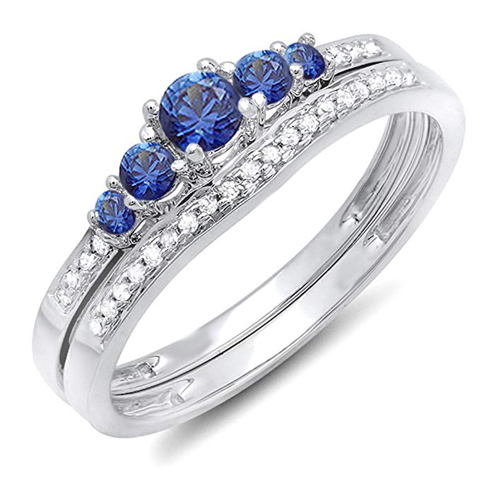 10K White Gold Blue Sapphire & White Diamond Ladies 5 Stone Bridal Engagement Ring Set