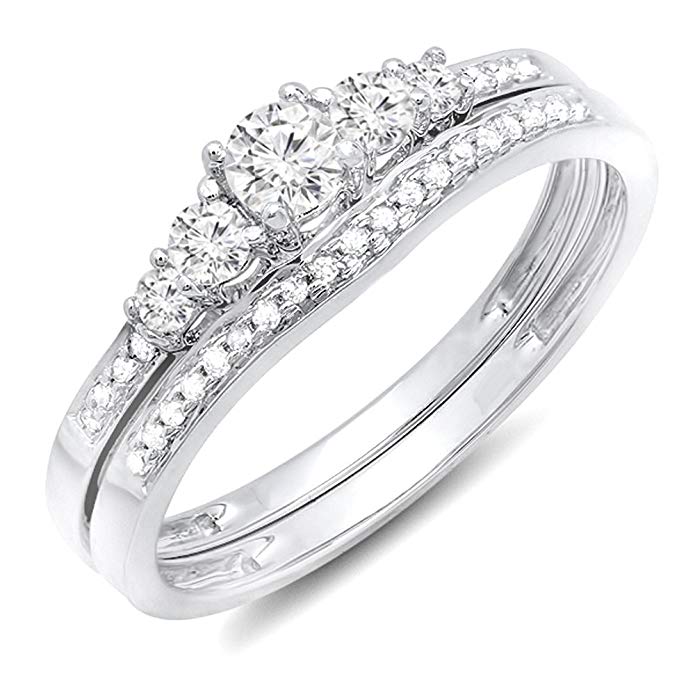 0.40 Carat (ctw) 14K Gold Round Diamond Ladies 5 Stone Bridal Engagement Ring Matching Band Set