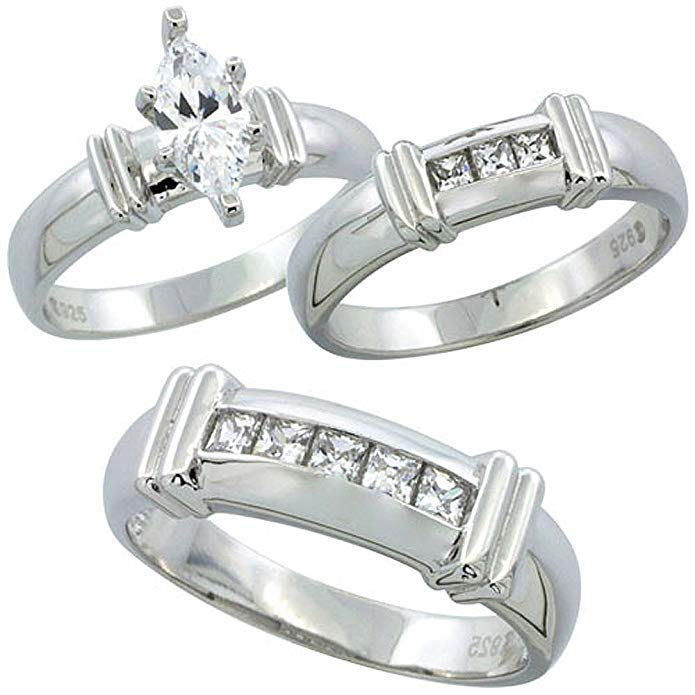 Sterling Silver Cubic Zirconia Trio Engagement Wedding Ring Set for Him and Her 6.5 mm Channel Set Princess, L 5 - 10 & M 8 - 14