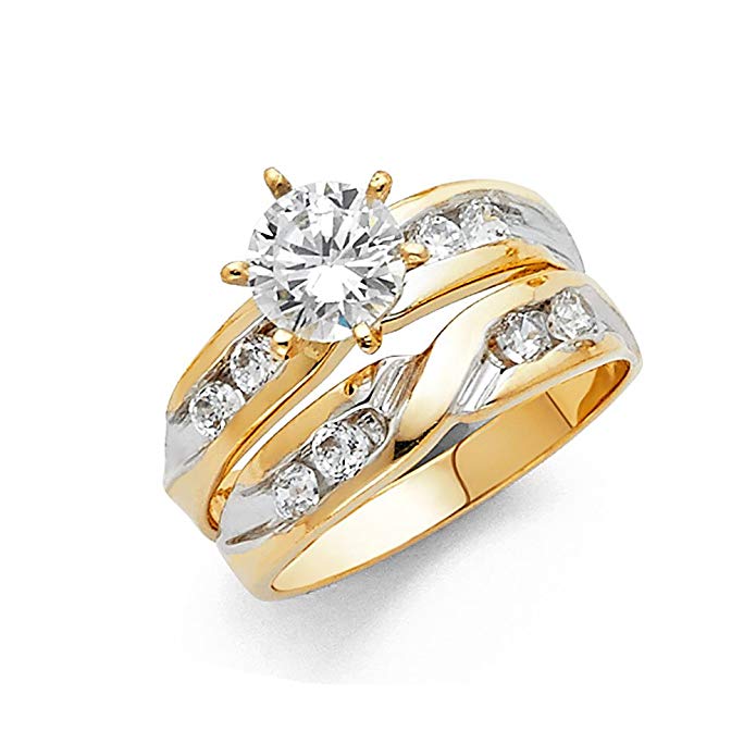 Wellingsale Ladies Solid 14k Two 2 Tone White and Yellow Gold Polished CZ Cubic Zirconia Round Cut Engagement Ring with Side Stones and Wedding Band, 2 Piece Matching Bridal Set