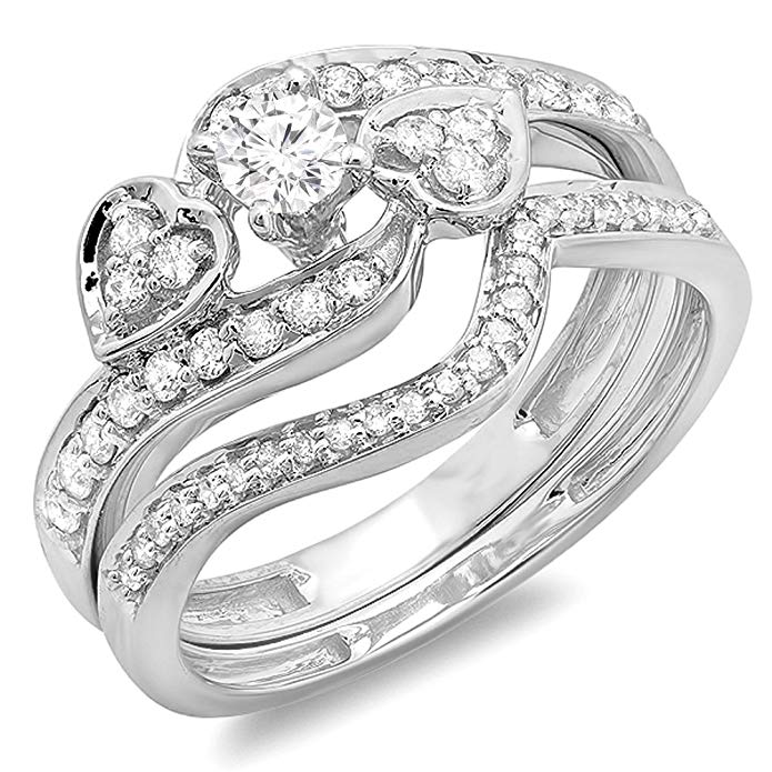 0.75 Carat (ctw) 10k White Gold Round Diamond Ladies Bridal Ring Two Wedding Bands 3 Piece Set 3/4 CT