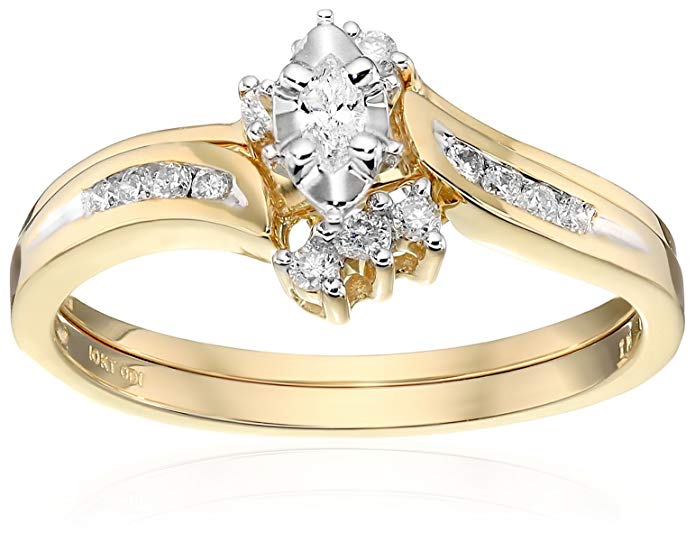 10k Yellow Gold Marquise and Round Diamond Bypass with Interlocking Band Bridal Set (0.25 cttw I-J Color, I2-I3 Clarity)