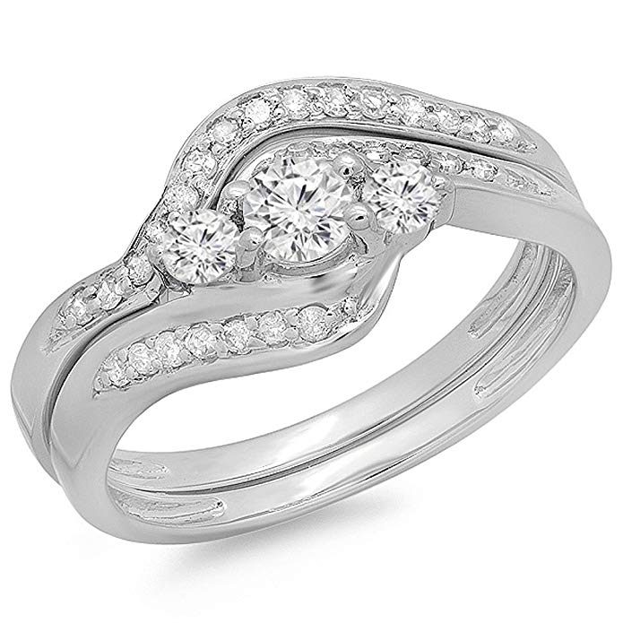 Dazzlingrock Collection 0.60 Carat (ctw) 14K Gold Real Round Diamond Ladies Swirl Style Bridal 3 Stone Engagement Ring Band Set