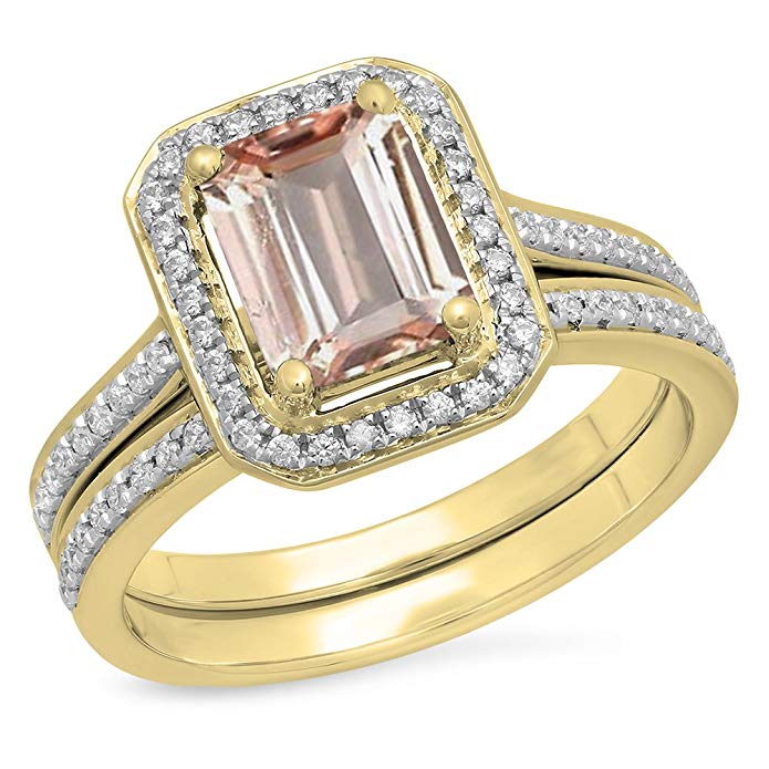 Dazzlingrock Collection 3.20 Carat (ctw) 10K Gold Emerald Cut Peach & Round White Cubic Zirconia Bridal Engagement Ring Set