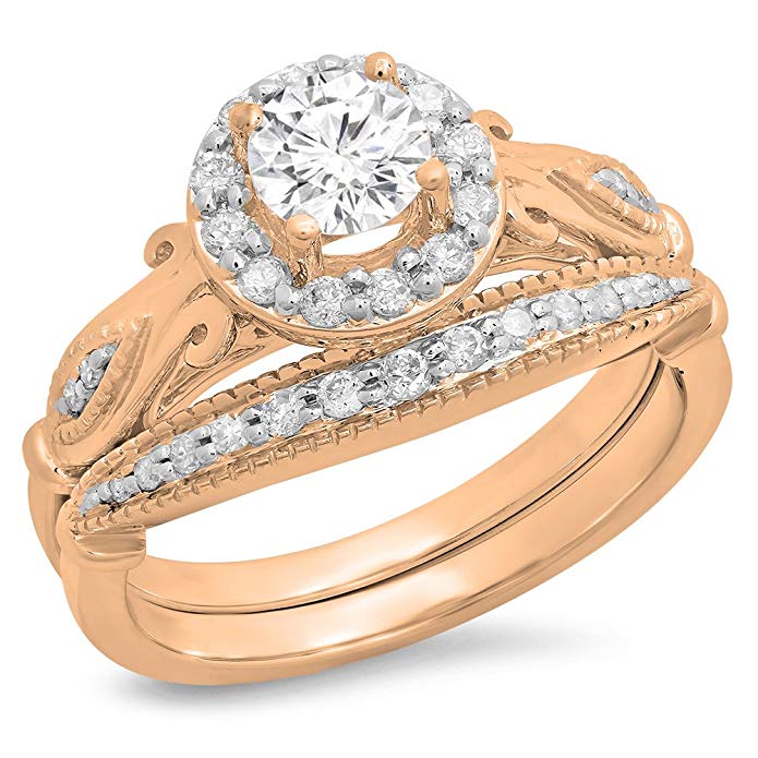 14K Gold Round White Cubic Zirconia Ladies Bridal Halo Vintage Engagement Ring Set