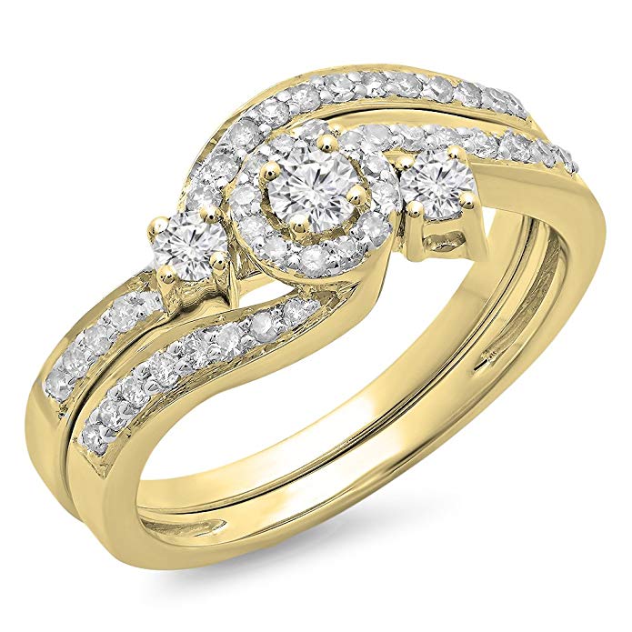0.65 Carat (ctw) 14K Gold Round Diamond Ladies Twisted Swirl Bridal Halo Engagement Ring With Band Set
